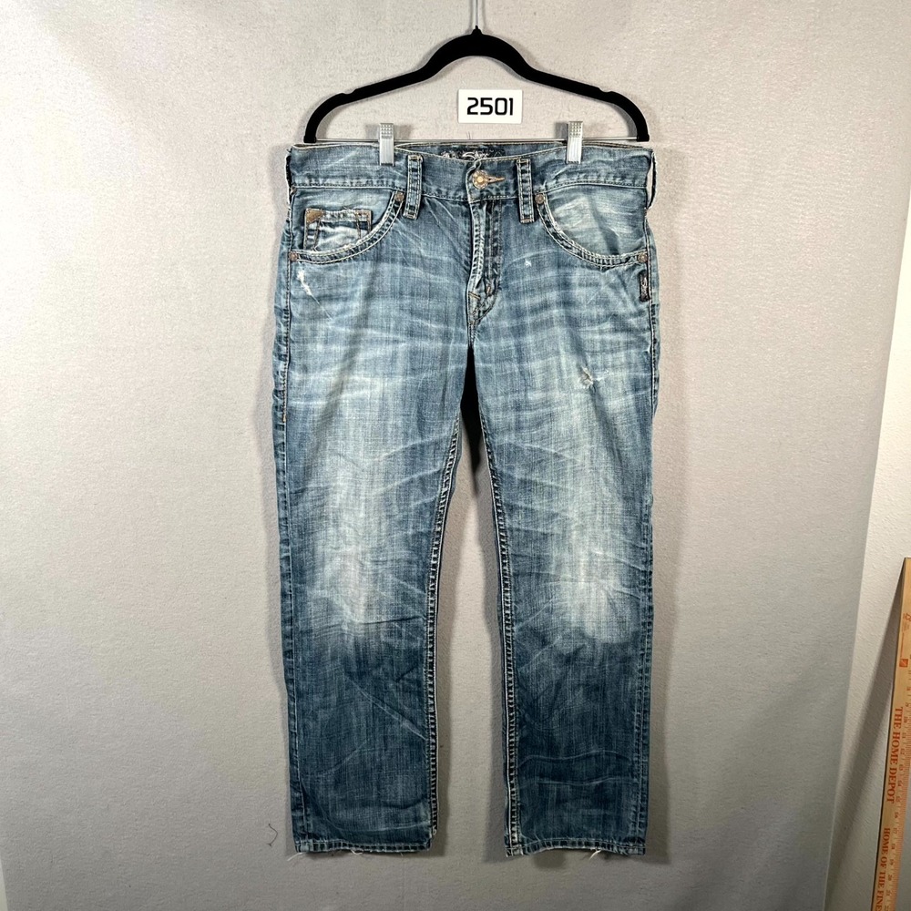 Silver Jeans Co Nash Jeans Mens 32x30 Blue Denim Distressed Straight Leg Outdoor